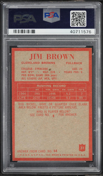 1965 Philadelphia FB Card # 31 Jim Brown Cleveland Browns HOF PSA 8 NM-MT (MGD2)