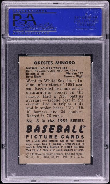 1952 Bowman BB Card # 5 Orestes Minoso Chicago White Sox HOF ROOKIE RC PSA 7 (MGD2)