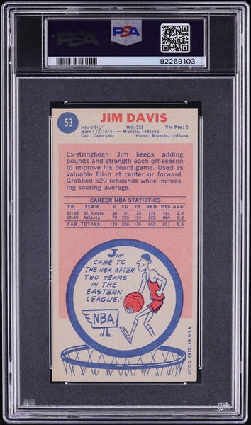 1969 Topps BkB Card # 53 Jim Davis Atlanta Hawks ROOKIE RC PSA 7 NRMT (MGD2)