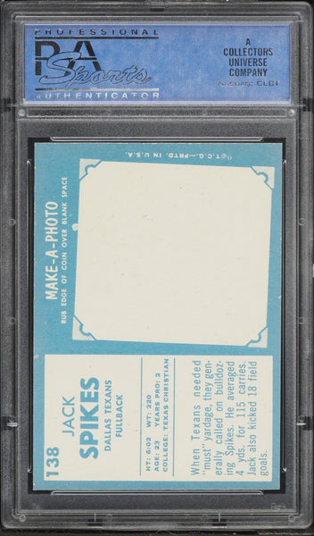 1961 Topps FB Card #138 Jack Spikes Dallas Texans PSA 8 NM-MT (MGD2)