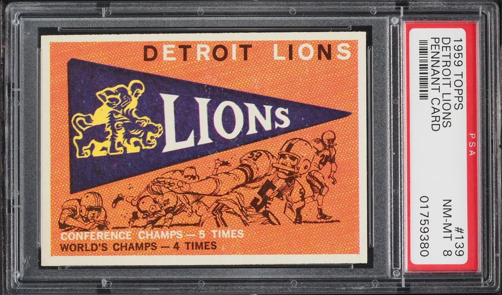 1959 Topps FB Card #139 Detroit Lions PENNANT CARD PSA 8 NM-MT (MGD2)