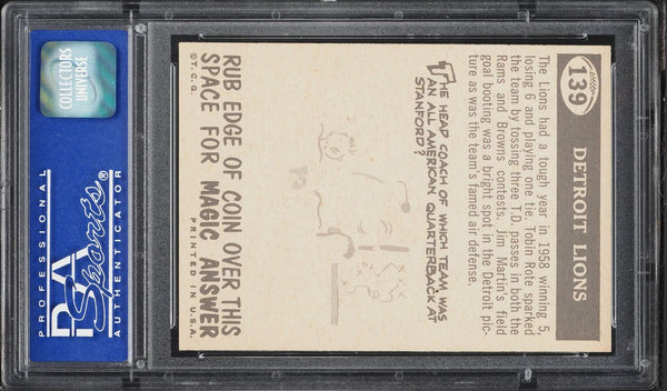 1959 Topps FB Card #139 Detroit Lions PENNANT CARD PSA 8 NM-MT (MGD2)