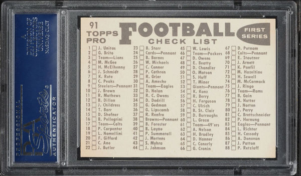 1959 Topps FB Card # 91 Washington Redskins CHECKLIST BACK PSA 8 NM-MT (MGD2)