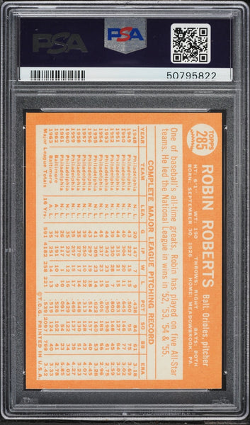 1964 Topps BB Card #285 Robin Roberts Baltimore Orioles HOF PSA 8 NM-MT (MGD2)