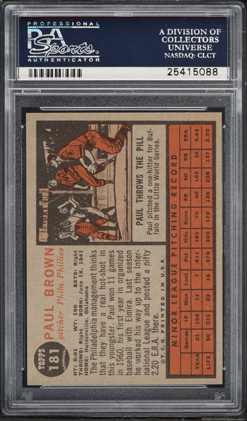 1962 Topps BB Card #181 Paul Brown Phillies ROOKIE GREEN TINT PSA 7 NRMT (MGD2)