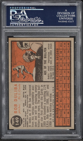 1962 Topps BB Card #149 Bob Duliba St. Louis Cardinals GREEN TINT PSA 7 NRMT (MGD2)