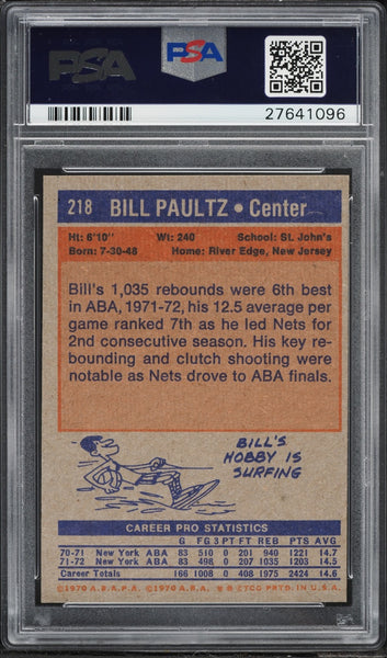 1972 Topps BkB Card #218 Bill Paultz New York Nets PSA 8 NM-MT (MGD2)