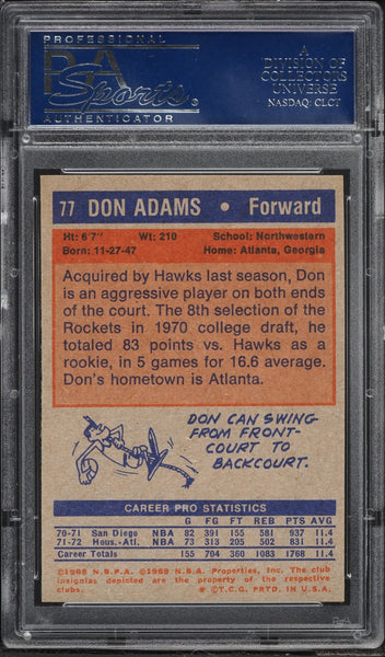 1972 Topps BkB Card # 77 Don Adams Atlanta Hawks PSA 8 NM-MT (MGD2)