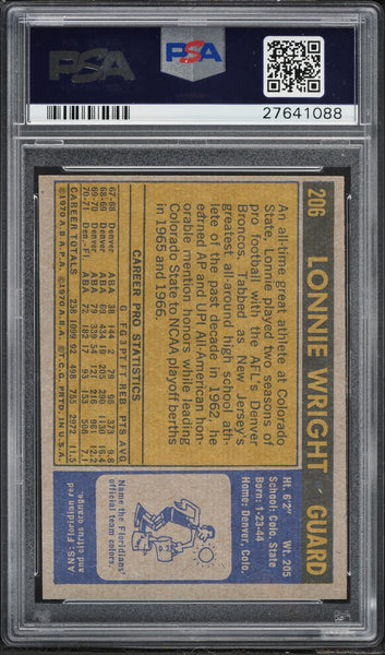 1971 Topps BkB Card #206 Lonnie Wright Florida Floridians ROOKIE PSA 8.5 NM-MT+ (MGD2)