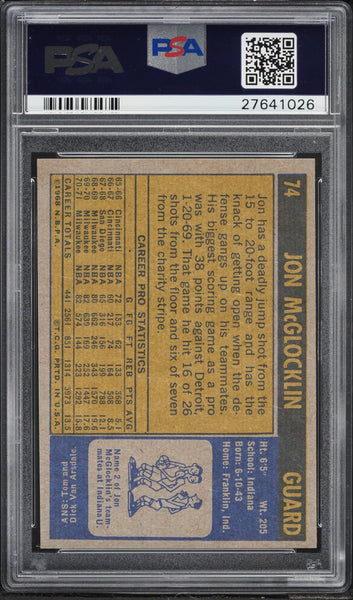 1971 Topps BkB Card # 74 Jon McGlocklin Milwaukee Bucks PSA 8 NM-MT (MGD2)