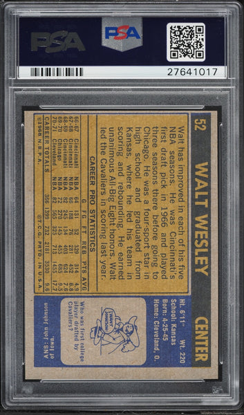 1971 Topps BkB Card # 52 Walt Wesley Cleveland Cavaliers PSA 8.5 NM-MT+ (MGD2)
