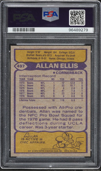 1979 Topps FB Card #497 Allan Ellis Chicago Bears PSA 10 GEM MINT (MGD2)