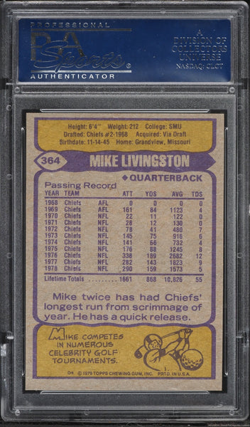 1979 Topps FB Card #364 Mike Livingston Kansas City Chiefs PSA 10 GEM MINT (MGD2)