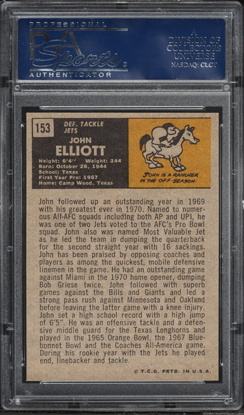 1971 Topps FB Card #153 John Jumbo Elliott New York Jets PSA 8 NM-MT (MGD2)
