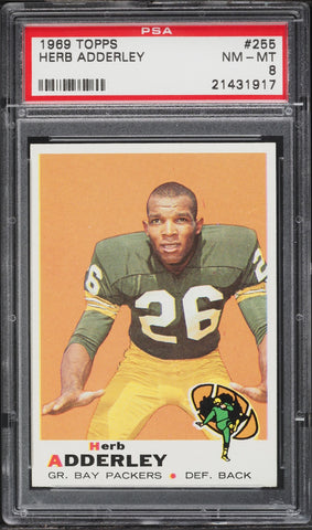 1969 Topps FB Card #255 Herb Adderley Green Bay Packers HOF PSA 8 NM-MT (MGD2)