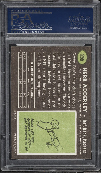 1969 Topps FB Card #255 Herb Adderley Green Bay Packers HOF PSA 8 NM-MT (MGD2)