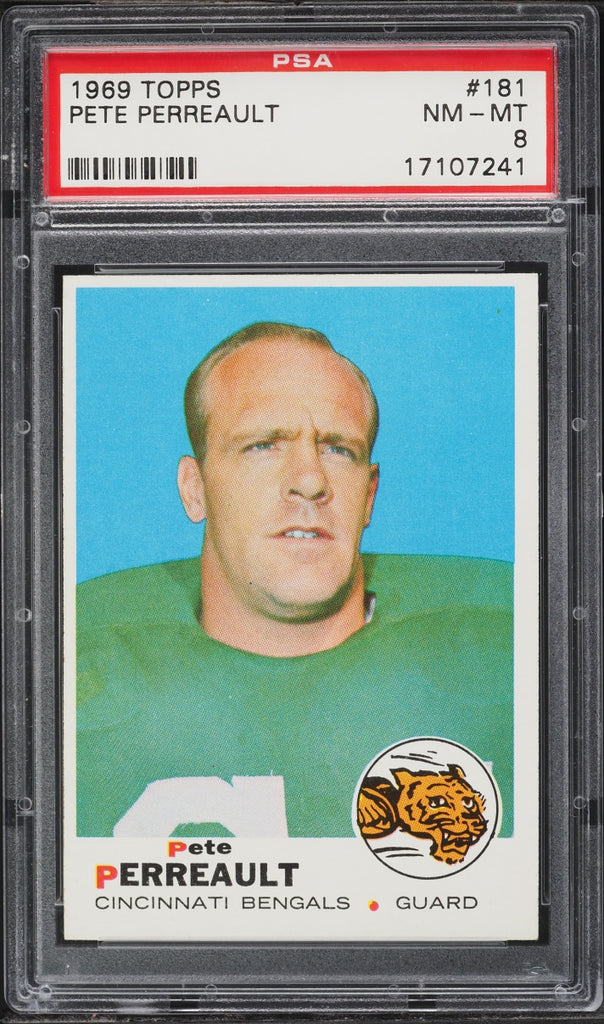 1969 Topps FB Card #181 Pete Perreault Cincinnati Bengals ROOKIE RC PSA 8 NM-MT (MGD2)