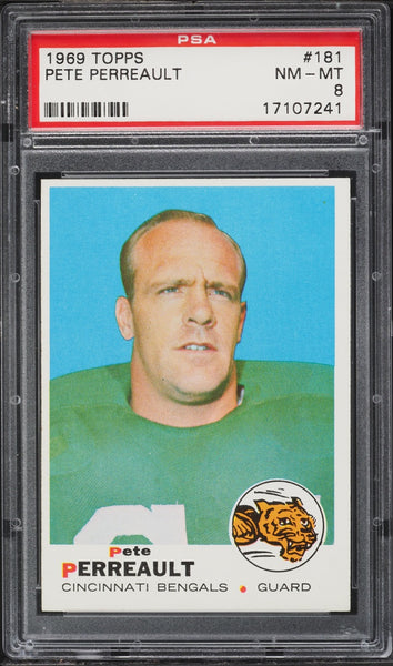 1969 Topps FB Card #181 Pete Perreault Cincinnati Bengals ROOKIE RC PSA 8 NM-MT (MGD2)
