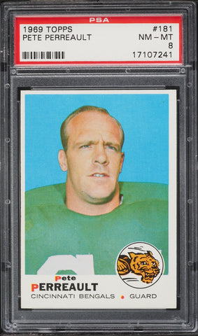 1969 Topps FB Card #181 Pete Perreault Cincinnati Bengals ROOKIE RC PSA 8 NM-MT (MGD2)