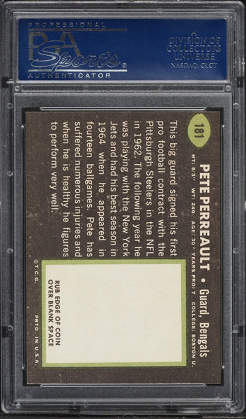 1969 Topps FB Card #181 Pete Perreault Cincinnati Bengals ROOKIE RC PSA 8 NM-MT (MGD2)