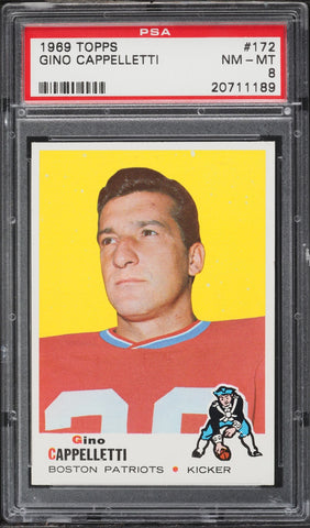 1969 Topps FB Card #172 Gino Cappelletti Boston Patriots HOF PSA 8 NM-MT (MGD2)