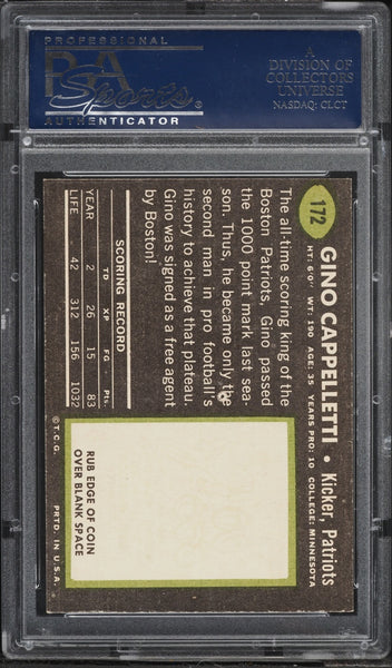 1969 Topps FB Card #172 Gino Cappelletti Boston Patriots HOF PSA 8 NM-MT (MGD2)