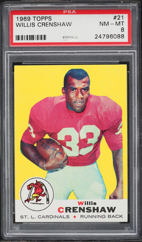 1969 Topps FB Card # 21 Willis Crenshaw St. Louis Cardinals PSA 8 NM-MT (MGD2)
