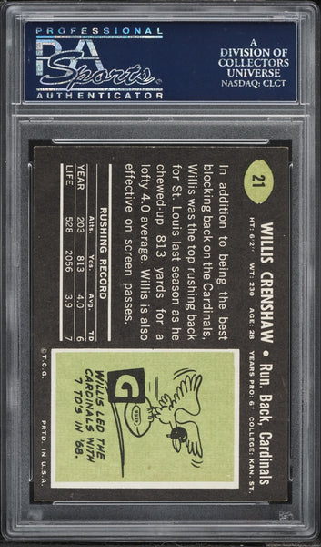 1969 Topps FB Card # 21 Willis Crenshaw St. Louis Cardinals PSA 8 NM-MT (MGD2)