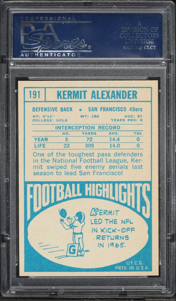1968 Topps FB Card #191 Kermit Alexander San Francisco 49ers PSA 9 MINT (MGD2)