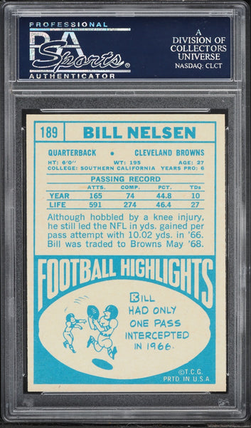 1968 Topps FB Card #189 Bill Nelsen Cleveland Browns PSA 8 NM-MT (MGD2)
