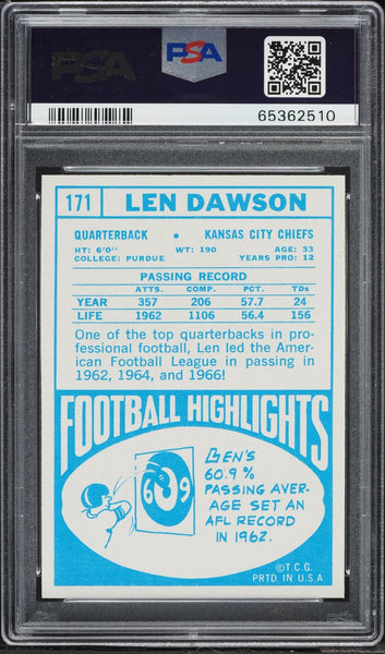 1968 Topps FB Card #171 Len Dawson Kansas City Chiefs HOF PSA 7 NRMT (MGD2)