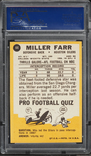 1967 Topps FB Card # 44 Miller Farr Houston Oilers ROOKIE RC PSA 8 NM-MT (MGD2)