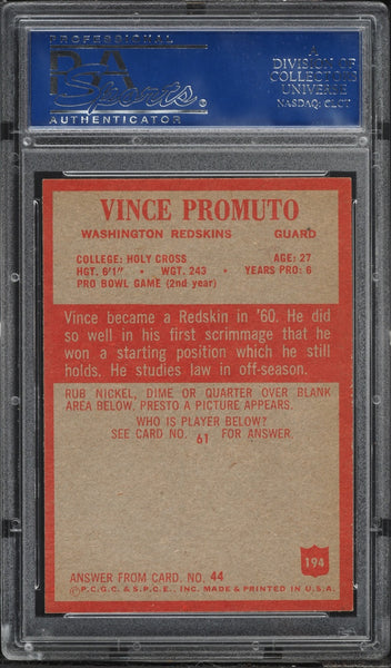 1965 Philadelphia FB Card #194 Vince Promuto Washington Redskins HOF PSA 8.5 (MGD2)