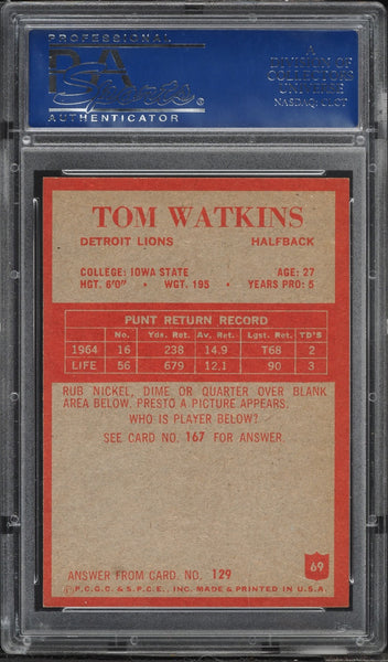 1965 Philadelphia FB Card # 69 Tom Watkins Detroit Lions ROOKIE RC PSA 8.5 (MGD2)