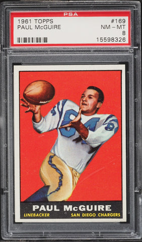 1961 Topps FB Card #169 Paul McGuire San Diego Chargers PSA 8 NM-MT (MGD2)
