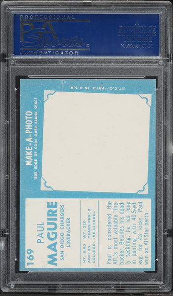 1961 Topps FB Card #169 Paul McGuire San Diego Chargers PSA 8 NM-MT (MGD2)