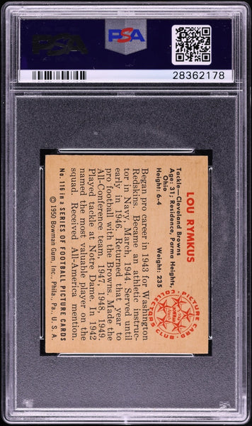 1950 Bowman FB Card #116 Lou Rymkus Cleveland Browns ROOKIE RC PSA 6 EXMT (MGD2)