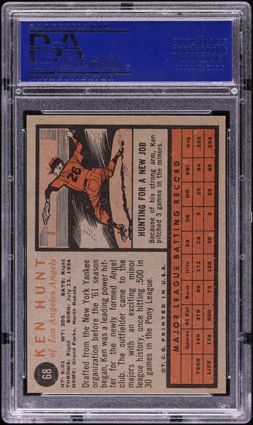 1962 Topps BB Card # 68 Ken L. Hunt Los Angeles Angels PSA 7 NRMT (MGD2)