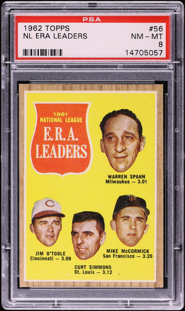 1962 Topps BB Card # 56 Warren Spahn Jim O'Toole McCormick NL ERA LDRS HOF PSA 8 (MGD2)