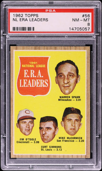 1962 Topps BB Card # 56 Warren Spahn Jim O'Toole McCormick NL ERA LDRS HOF PSA 8 (MGD2)
