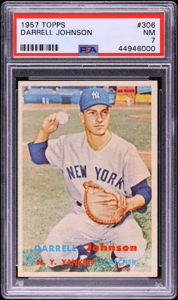 1957 Topps BB Card #306 Darrell Johnson New York Yankees ROOKIE RC PSA 7 NRMT (MGD2)
