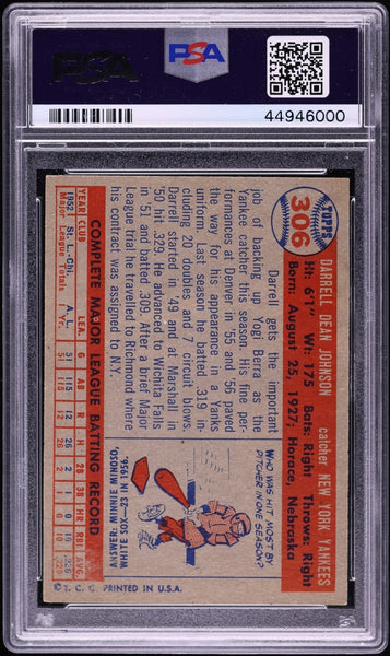 1957 Topps BB Card #306 Darrell Johnson New York Yankees ROOKIE RC PSA 7 NRMT (MGD2)