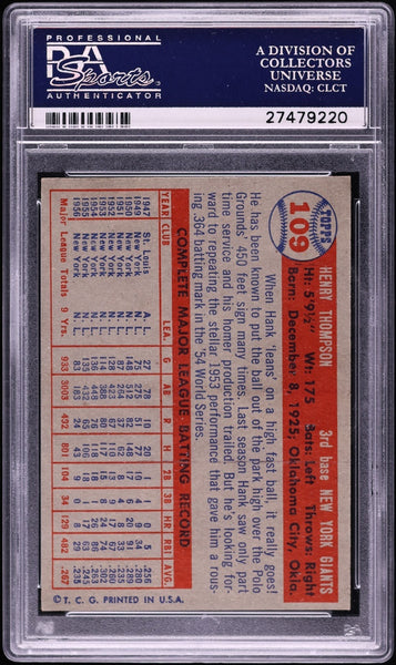 1957 Topps BB Card #109 Hank Thompson New York Giants PSA 7 NRMT (MGD2)