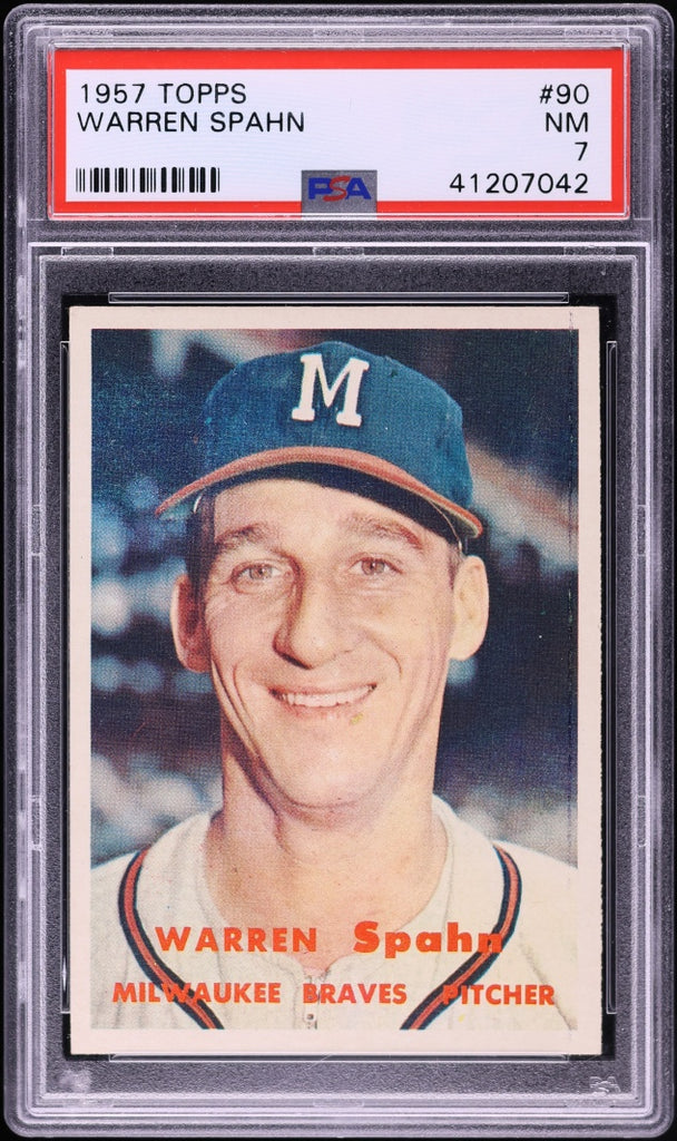 1957 Topps BB Card # 90 Warren Spahn Milwaukee Braves HOF PSA 7 NRMT (MGD2)