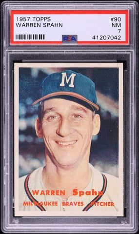 1957 Topps BB Card # 90 Warren Spahn Milwaukee Braves HOF PSA 7 NRMT (MGD2)