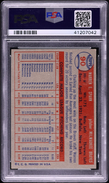 1957 Topps BB Card # 90 Warren Spahn Milwaukee Braves HOF PSA 7 NRMT (MGD2)
