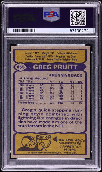 1979 Topps FB Card #455 Greg Pruitt Cleveland Browns HOF PSA 10 GEM MINT (MGD2)