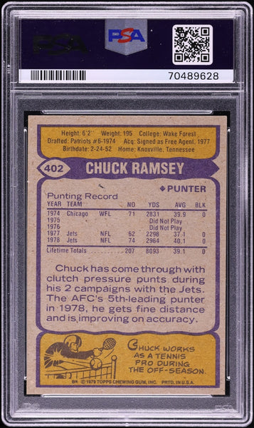1979 Topps FB Card #402 Chuck Ramsey New York Jets PSA 10 GEM MINT (MGD2)