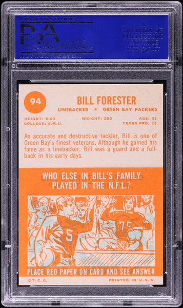 1963 Topps FB Card # 94 Bill Forester Green Bay Packers HOF PSA 8 NM-MT (MGD2)