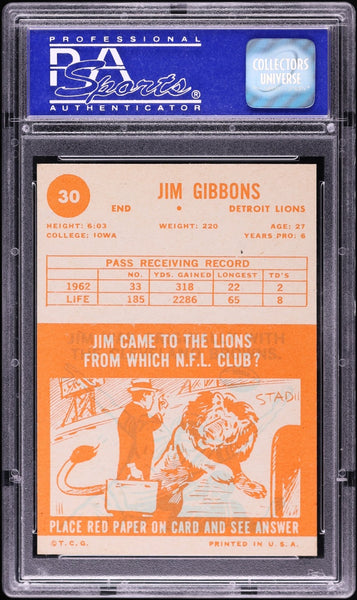 1963 Topps FB Card # 30 Jim Gibbons Detroit Lions PSA 8 NM-MT (MGD2)